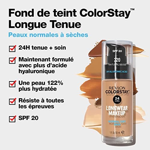 Revlon Colorstay, Fond de Teint Longue Tenue, Peaux NormalesàSèches, 24H Tenue + Soin, Formule enrichie en Acide Hyaluronique, Hydratation Intense, Spf 20 N320 True Beige 30Ml - Image 4