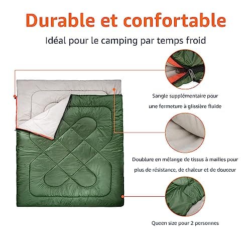 Amazon Basics Rectangular Sleeping Bag for Camping and Hiking in Cold Weather, Double Size for Two, Olive Green - Image 3
