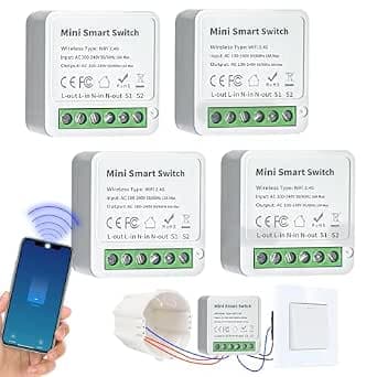 4 x Smart Switch Modules 2 Way WIFI Switch DIY Compatible with Tuya App, Alexa and Google Home, Connected Switch Neutral Driver Needed-Fits Behind One
