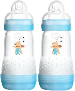 MAM Easy Start A137 Patented Anti-Colic Bottle with SkinsoftTM Silicone Teat for Babies from 2 Months 2 Units Self-Sterilising in 3 Minutes Blue 260 ml