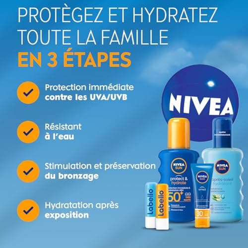 NIVEA SUN - Coffret Protection Solaire - Crème Solaire Visage FPS 30 (50 ml) + Spray Protect & Hydrate FPS 50+ (200 ml) + Spray Après Soleil (200 ml) + Duo Labello Sun & After Sun + Ballon De Plage - Image 3