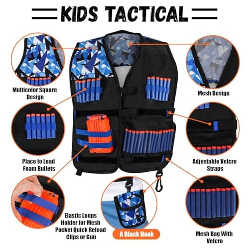 Lehoo Castle Kids Tactical Vest for Nerf N-Strike Elite Series with Darts, Dart Case, Wristband, Face Mask, Chargers and Glasses (Blue) - Image 5