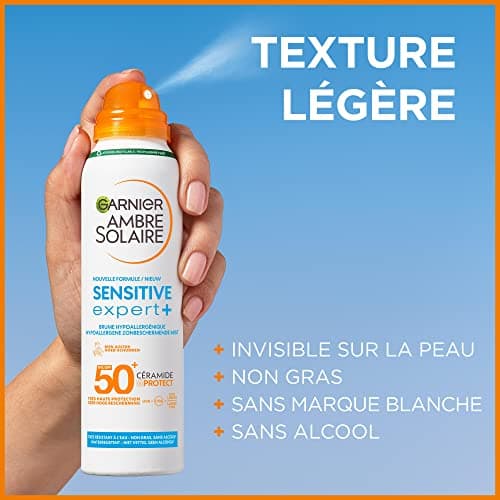 GARNIER Ambre Solaire Sensitive Expert+ - Brume Sèche - Protection Solaire FPS 50+ - Protège des UVA, UVB & UVA Longs - Résiste à L'eau - Céramides - Peaux Sensibles & Intolérantes au Soleil - 150 ml - Image 7