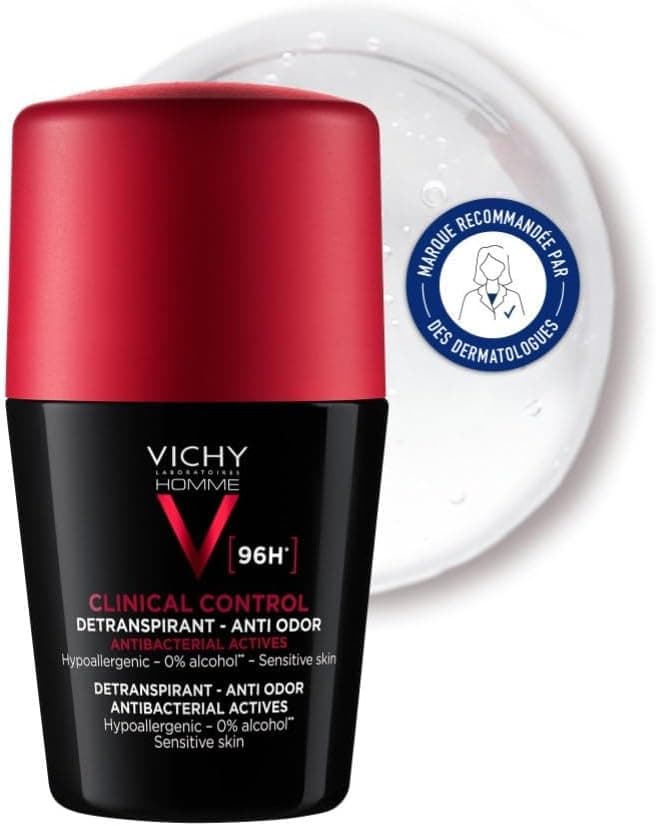 Vichy Vichy Homme, Clinical Control, Déodorant Roll-On pour Homme, Détranspirant à l'Efficacité Très Longue Durée 96 H, Sans Alcool et Sans Parfum, 50 ml
