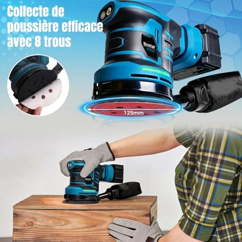 Bostar 18V Cordless Eccentric Sander, Ø125mm Brushless Motor, 2 Batteries 3.0Ah, Max. 21000 rpm, 6 Speed, Dust Bag, Orbital Sander for Wood and Car, Compatible Makita 18V - Image 6