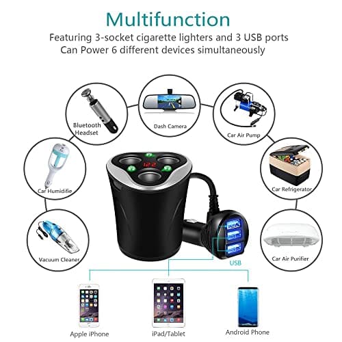 3 Cigarette Lighter Socket Adapter + 3 USB Ports Car Charger, 120 W 12/24 V with LED Voltage Display Separate On/Off Switch for GPS Mobile Phone & Car Camera (Black) 1 - Image 4