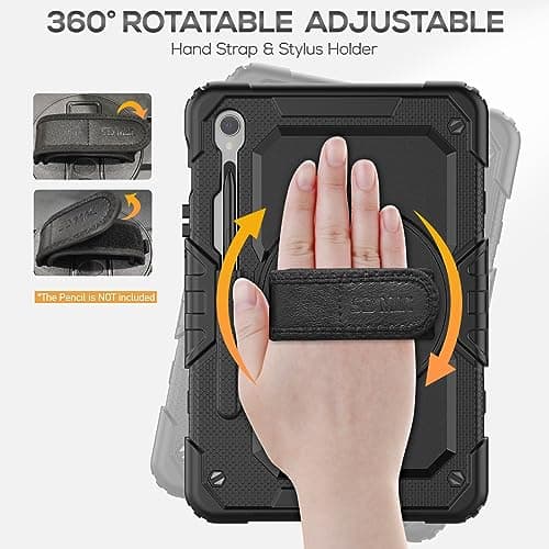 SEYMAC Case for Samsung Galaxy Tab S10 Lite / S10 FE / S9 FE 10.9 inches/S9 11 inch, Shockproof Case with Screen Protector, Hand Strap, Shoulder Strap, Stand and Pen Holder, Black - Image 3