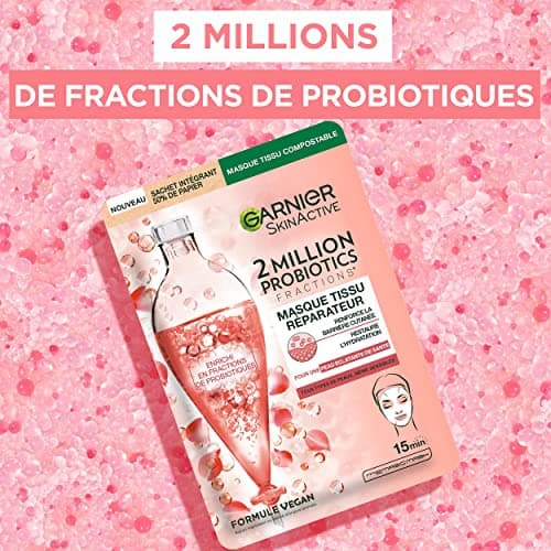 GARNIER Skin Active - Masque Visage Tissu 2 Million Probiotics - Masque Réparateur - Éclat & Hydratation - Enrichi en Fractions de Probiotiques - Vegan & Cruelty Free - Tous Types de Peaux - x1 - Image 4