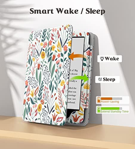 MoKo Étui Compatible avec 7"/6,8 Pouces Kindle Paperwhite(12e Gén. 2024/11e Gén. 2021), Coque de Protection avec Dragonne, Auto Réveil/Veille pour Kindle Paperwhite Édition Signature, Fleur - Image 6