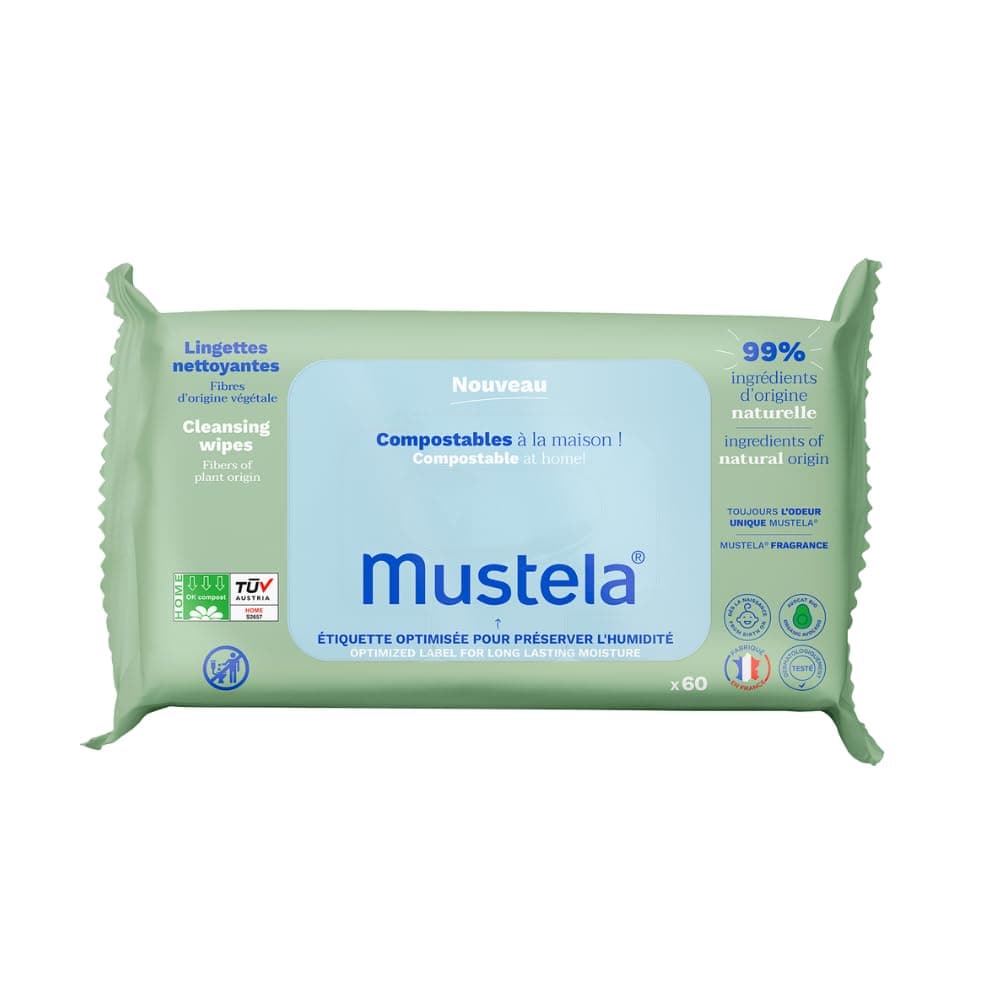 Mustela Scented Compostable Changing Cloths, 100% Plant Fibres Lyocell, Body and Makeup, Baby and Family - 99.5% Natural Ingredients (60 Pcs) - Image 1