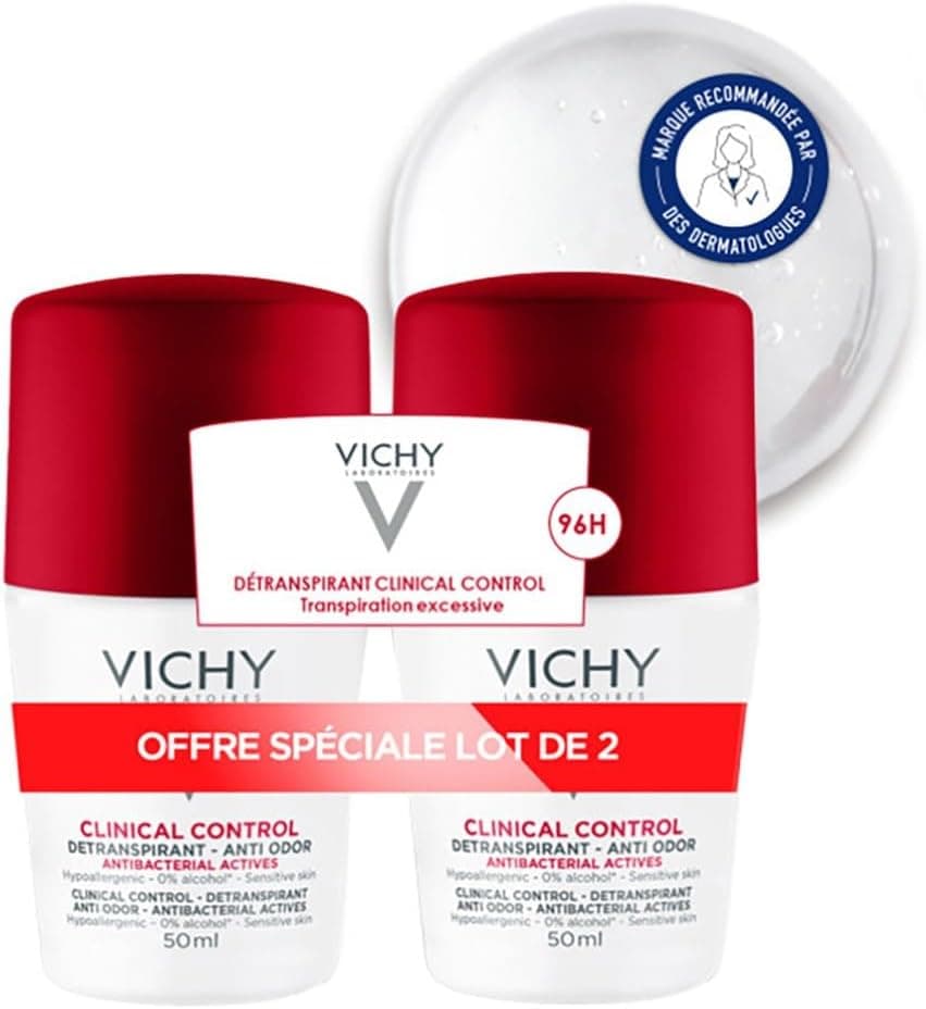 Vichy, Clinical Control, Déodorant Détranspirant 96H Roll-On, Transpiration Excessive, Anti-Odeurs, Sans Alcool & Sans Parfum, Adapté aux Peaux Sensibles, Lot de 2 x 50ml
