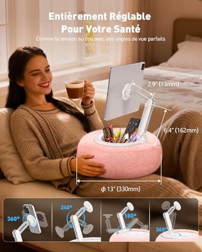 AboveTEK Kindle Cushion Holder, Magnetic iPad Stand for Bed with Snack Bowl, 360° Adjustable, Compatible with Kindle/Tablet/Phone, Comfortable Gift (Pink) - Image 7