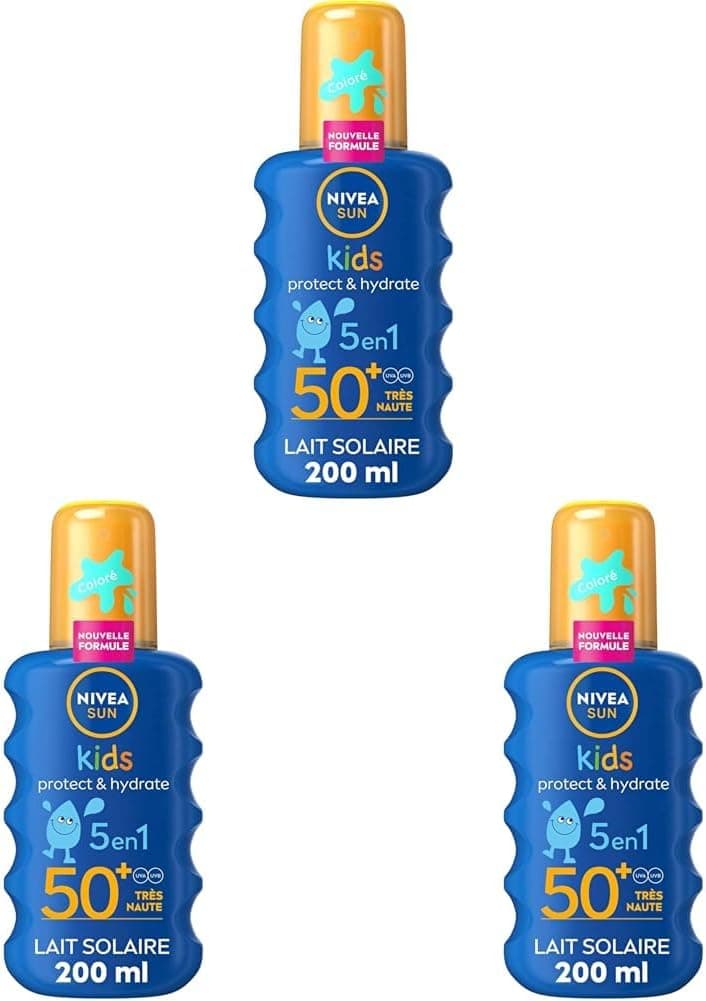 NIVEA SUN Spray Solaire Protect & Hydrate Kids Coloré SPF 50+ 200 ml — Crème Solaire résistante à l'eau — Haute Protection Visage et Corps pour la peau délicate des Enfants (Lot de 3)