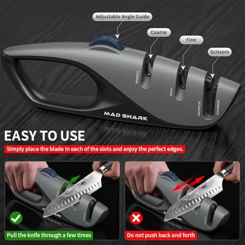 Mad Shark Kitchen Knife Sharpener - 5 Adjustable Sharpening Angles, Pocket Knife Sharpening Design, Non-Slip Rubber Handle Design, Knife Sharpener for Knives - Image 4