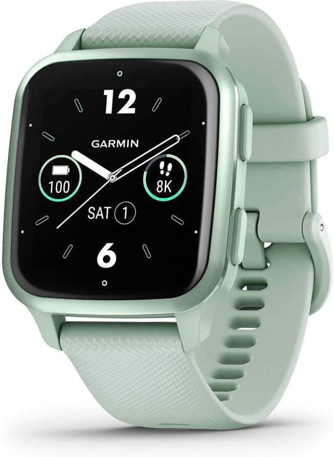 Garmin Venu Sq 2 - Montre connectée GPS Multisports avec écran AMOLED et Suivi santé - Metallic Mint avec Bracelet Vert d’Eau - Boîtier 40 mm