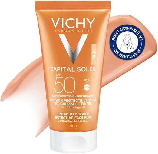 Vichy, Capital Soleil, Tinted Sunscreen SPF50+, Ultra Wide Spectrum UVA and UVB Protection, Mixed to Oily Sensitive Skin, Natural and Powdered Finish, 50 ml - Image 1