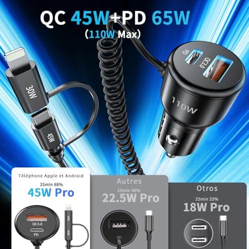 Car Charger Fast Charge 110W Total USB C 65W & USB A 45W with 5ft Spiral C and L Car Cigarette Lighter Charger Cable for iPhone 16 15 14 13 12 11Pro Max Mini Samsung S22 S21 Note Pixel - Image 3