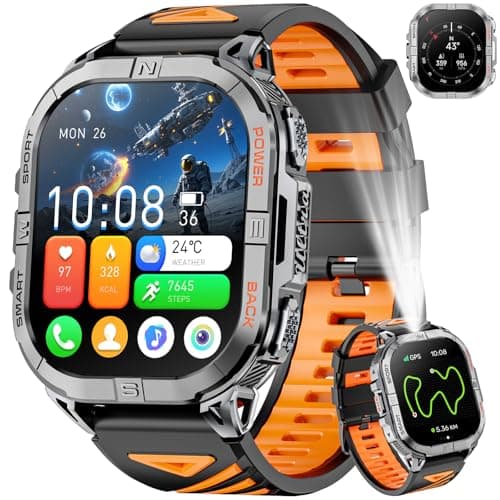 GPS Men's Smart Watch, 2.13 Inch AMOLED Military Smartwatch with LED Torch/Compass/100+ Sports Modes/580 mAh Battery/Health Monitoring/Bluetooth Calls for Android iOS (Black) - Image 2