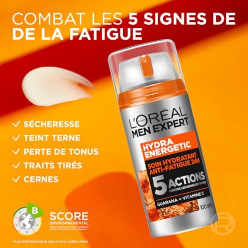 L'Oréal Men Expert - Soin Visage pour Homme - Hydratation 24H & Anti-Fatigue - 5 Actions - Texture Gel-Crème - A la Vitamine C et aux Protéines - Tous Types de Peaux - Hydra Energetic - 100 ml - Image 6