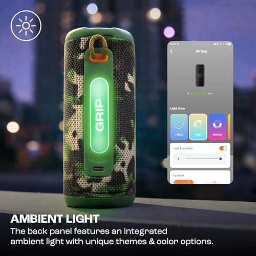 JBL Grip, Compact Bluetooth Speaker, AI Sound Boost, Waterproof, Dustproof IP68, Mood Lighting, 14 Hours Battery Life, Auracast Multi-Speaker Connection, Portable JBL App, Camouflage - Image 5