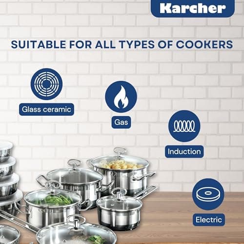 Karcher Jasmine Saucepan Set (Stainless Steel, 20 Pieces, Including Glass Lid and Stainless Steel Bowl Set, Induction) - Image 6