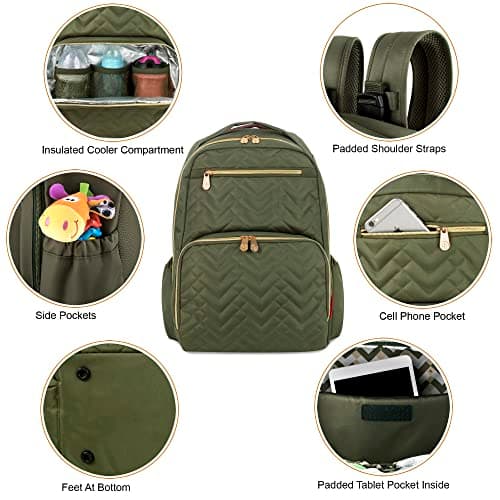 Baby Essentials Fisher Price Sac à langer Collection Signature avec poches pour téléphone portable et tablette et clips pour poussette vert olive taille unique - Image 4