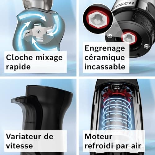 Bosch, mixeur plongeant, ErgoMaster Série 6, moteur 1000 watts refroidi par air, variateur de vitesse extra large, système de mixage QuattroBlade System Pro, accessoires inclus, MSM6M673 - Image 6
