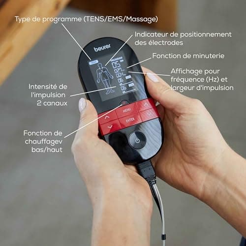 Beurer EM 59 TENS/EMS Muscle Stimulator 4-in-1 for Pain Therapy, Muscle Stimulation, Massage and Therapy, Black Thermotherapy, with 4 Electrodes and Battery - Image 8