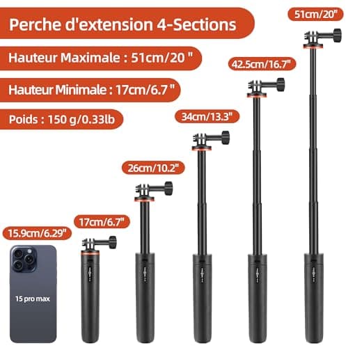 Perche à Selfie Télescopique 51cm avec Mini Trépied pour GoPro Hero 13/12/11/10/9/Max, DJI Osmo Action 5 Pro/4, Insta360 Ace Pro, AKASO EK7000/V50X et Autres caméra d'action - Image 4