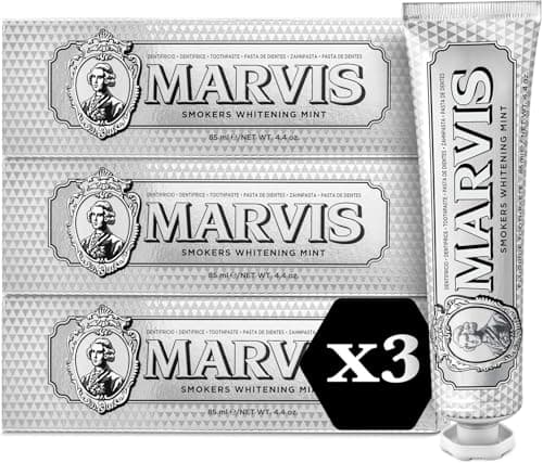 Marvis Lot de 3 dentifrices blanchissants pour fumeurs, Menthe, 3 x 85 ml, Favorise le blanchiment naturel des dents, Dentifrice anti-plaque dentaire - Image 3