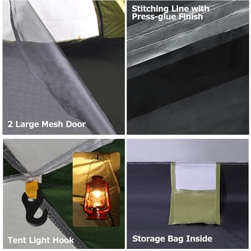 Camping Tent for 3-4 Person, Automatic Pop Up Tent with Double Doors Waterproof Windproof 3-4 Seasons Outdoor Tent for Family Trekking Camping Olive Green - Image 7