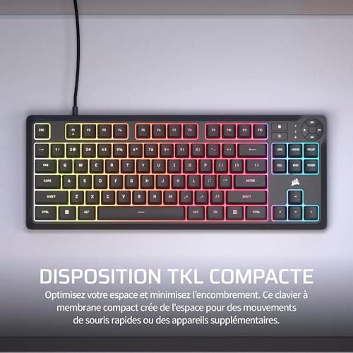 Corsair K55 Core TKL RGB Gaming Keyboard - Tenkeyless, 8 RGB Zones, Silent Membrane Keys, Splash Resistant, Multimedia Keys, 1000Hz - FR Layout - Black - Image 4
