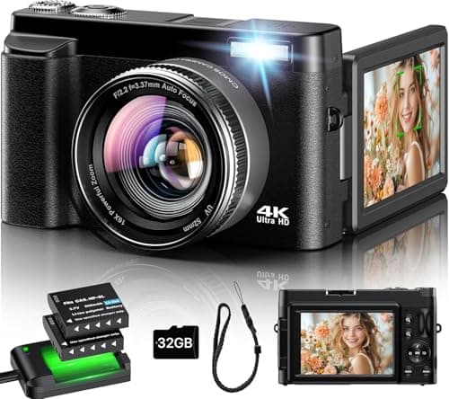 Appareil Photo Numérique 4K, Appareil Photo Compact 48MP 16X Digital Zoom à Écran Rabattable à 180° Avec Autofocus, Flash, Station de Charge, 2 Batteries, Carte 32 GB pour Débutants, Enfants, Vlogging - Image 3