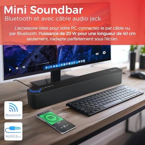 ATLANTIS Soundbar PC 20 W, PC Case, 3.5 mm Jack + Bluetooth 5.3 for Smartphone, FireTV, Turntable, Batt. 2400 MHA, FM Radio, Speaker PC, Laptop, TV, Smartphone Dimm 420 x 60 x 74 mm Black - Image 3
