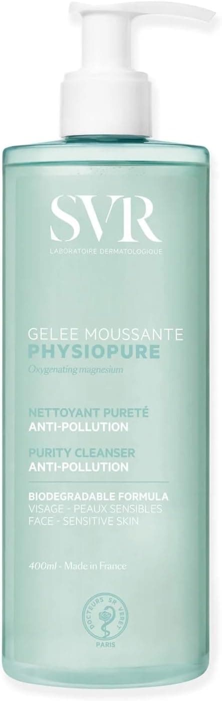 SVR - Physiopure Gelée Moussante - Gamme Physiopure – Nettoyant pureté anti-pollution – Pour tous types de peaux, même sensibles – Magnésium oxygénant, tensioactifs doux – 400 ml