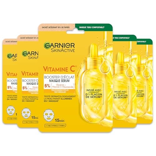 GARNIER Skin Active - Lot De 5 Masques Tissu Booster D'Éclat - Illumine, Hydrate & Repulpe La Peau - Vitamine C Et Acide Hyaluronique - Vegan & Cruelty Free - Peaux Ternes - x5 - Image 3