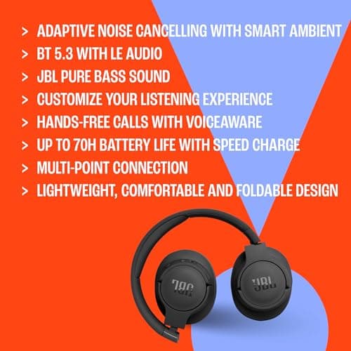 JBL Tune 770NC Casque supra-auriculaire sans fil, autonomie jusqu'à 70 h, Réduction de Bruit Adaptative, Smart Ambient, noir - Image 6