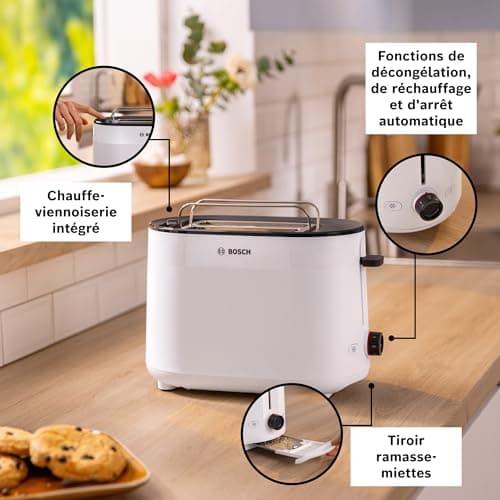 Bosch, Grille-pain, MyMoment, 2 fentes, fonctions décongélation et réchauffage, chauffe-viennoiserie, HighLift, arrêt automatique, blanc, TAT2M121 - Image 4
