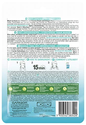 GARNIER Skin Active - Anti-Bleach Fabric Mask - Reduces Pores, Sebum & Blackheads - BHA, Niacinamide, Tea Tree Oil - Vegan & Cruelty Free - Compostable Fabric - Skin Bleach - Image 3