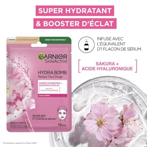 GARNIER Skin Active - Lot De 5 Masques Tissu Hydra Bomb - Visage & Yeux - Hydratation, Éclat & Nutrition - Acide Hyaluronique - Peaux Fatiguées, Ternes ou Désydratées - x5 - Image 5