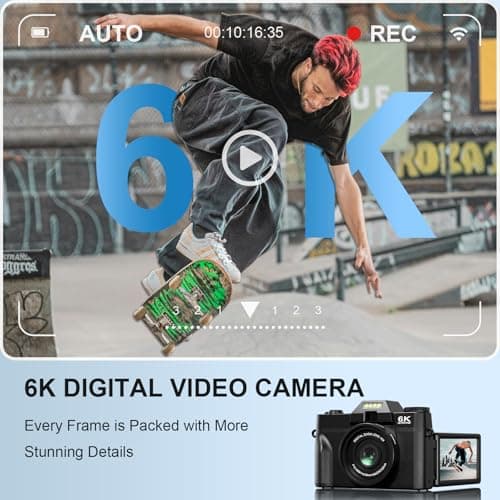 6K 64MP Digital Camera for Vlog with WiFi, 64GB TF Card, Microphone, Autofocus, 16X Zoom Compact and Portable Camera for YouTube, Travel, Beginners, Macro Lens and Wide Angle - Image 4