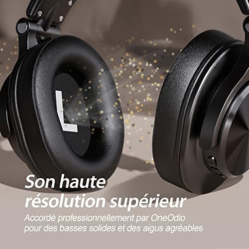 OneOdio Casque Bluetooth sans Fil BT5.2 avec 72 Heures A70, Réduction de Bruit CVC 8.0, 3 Câbles, Léger Confortable, Pliable, Partage de Musique, Compatible Téléphone, DJ, Piano, Guitare (Noir) - Image 7