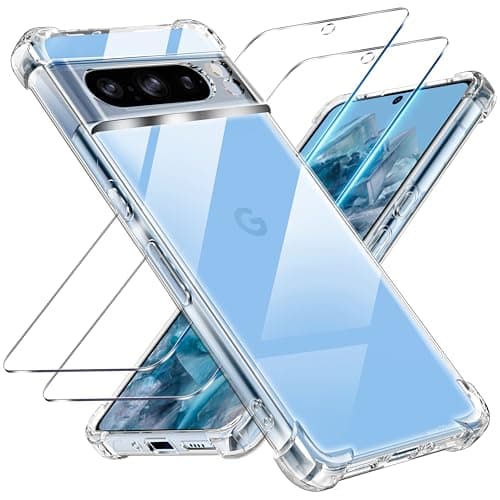 3 in 1 Tempered Glass and Case for Google Pixel 8 Pro, [Built-in Air Cushion] Anti-Yellowing Soft TPU Bumper Case Cover Protection for Pixel 8 Pro, Transparent - Image 2