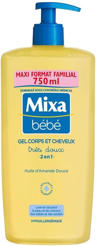 Mixa Mixa Bébé Gel 2 en 1 Corps et Cheveux Très Doux - À l'Huile d’Amande Douce -Hypoallergénique - pH Neutre - Maxi Format Familial 750 ml