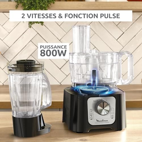 Moulinex Double Force Compact Multifunctional Kitchen Processor, 3 L, 800 W, 2 Speeds + Pulse, 9 Accessories, Blender, Chopper, Graters, Black FP546811 - Image 5