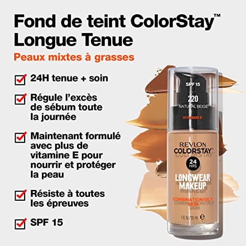 Revlon ColorStay - Fond de teint Longue Tenue 24H - Maquillage Teint et Soin Peaux Mixtes à Grasses - Formule Nourrissante et Protectrice à Base de Vitamine E - SPF 15-30 ml - N180 Sand Beige - Image 5