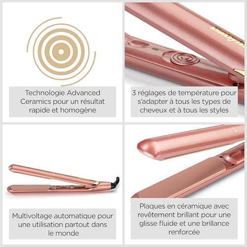 BaByliss Lisseur Cheveux Rose Gold - Plaques en Céramique, Multi-voltage, Utilisation universelle, Chauffe ultra-rapide en 15 sec, 3 réglages de température jusqu'à 235°C, 2598PE - Image 8