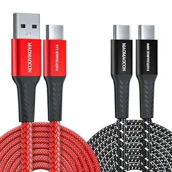 2 Pack Fast Charging Cable, 6.6ft USB-C to C Cable, 100W, PD3.0+USB-A to C Cable, 3.1A Nylon Braided Cable for iPhone 16 Pro, Samsung Galaxy S23, iPad Pro, MacBook Air, Tablet and More