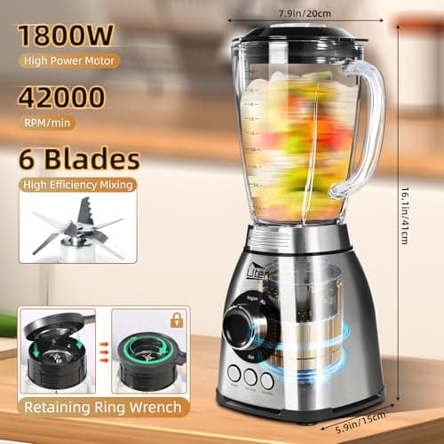 Uten Blender à Smoothie 2 L, Mixeur de Cuisine 1800 W, Glace Pilée, Smoothie, Impulsion et 18 Vitesses, Bocal en Verre, Boîtier en Acier Inoxydable, Lame à 6, Grains de Café Moulus - Image 3