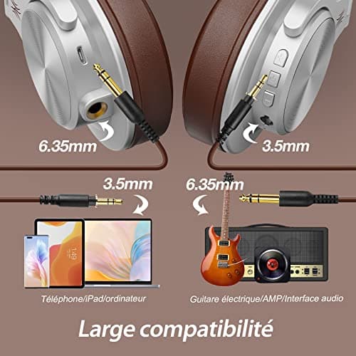 OneOdio BT5.2 Wireless Bluetooth Headphones with 72 Hours A70, Noise Reduction CVC 8.0, 3 Cables, Lightweight Comfortable, Foldable, Music Sharing, Compatible Phone, DJ, Piano, Guitar (Silver) - Image 8
